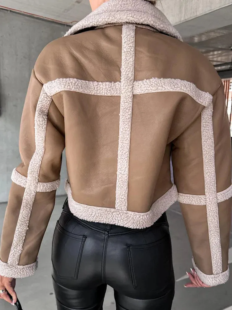 UAKISS  -  Black Print Patchwork Moto & Biker Jackets Women Loose Casual Long Sleeve Short Coat Female Lapel Autumn Winter Club Outerwear