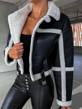 UAKISS  -  Black Print Patchwork Moto & Biker Jackets Women Loose Casual Long Sleeve Short Coat Female Lapel Autumn Winter Club Outerwear