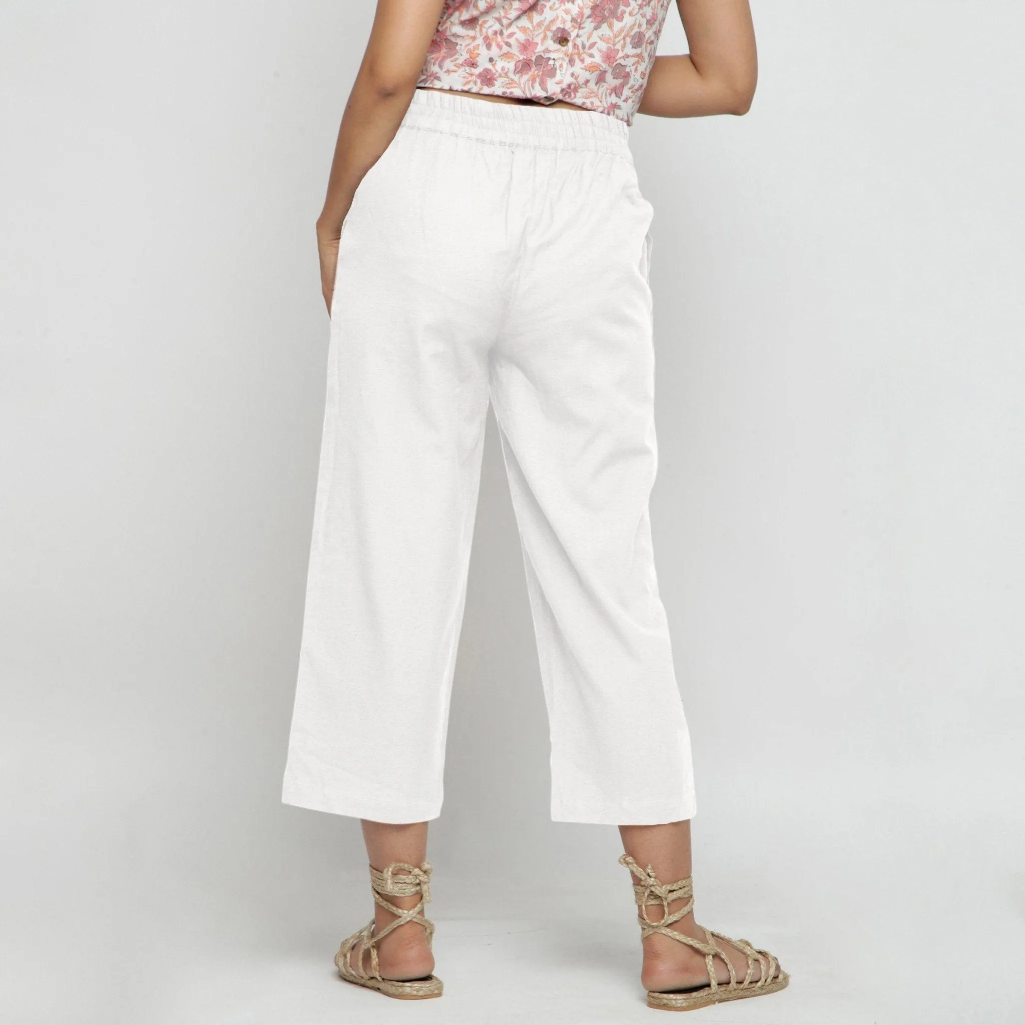 White Cotton Flax Elasticated Midi-Rise Culottes