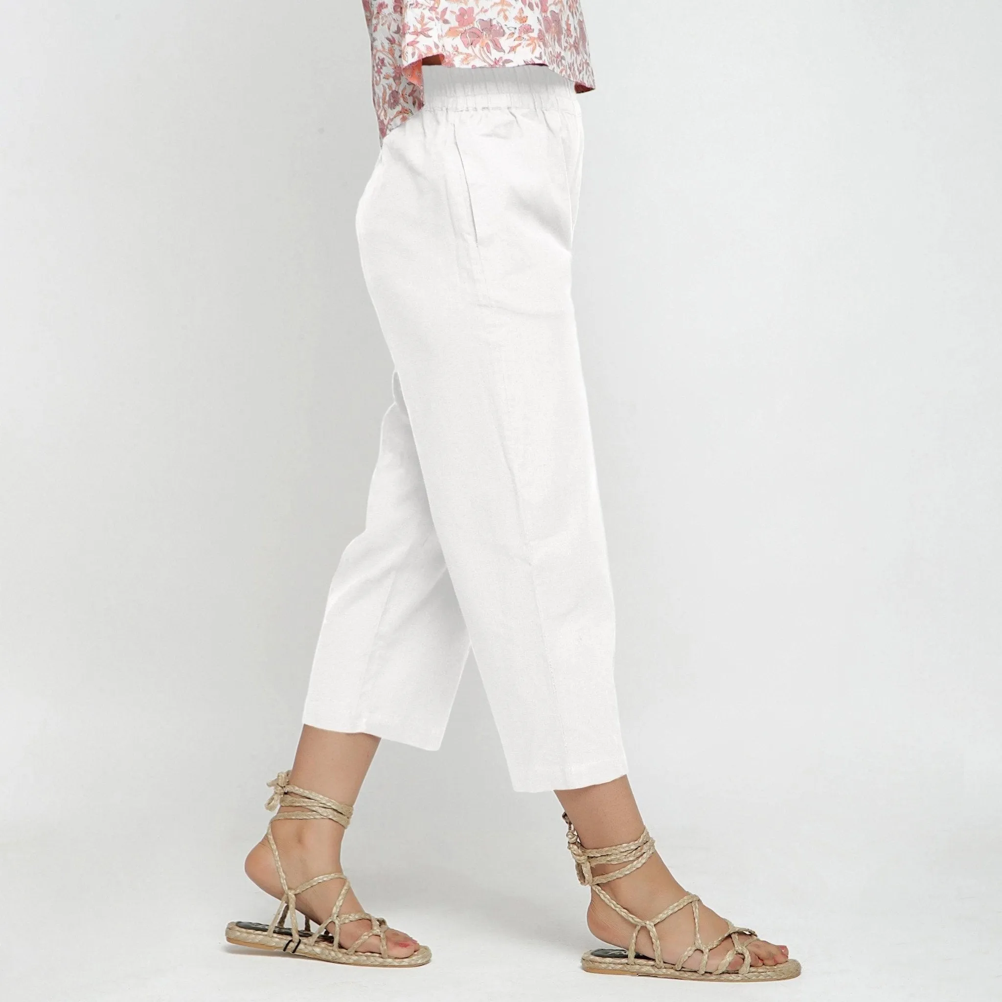 White Cotton Flax Elasticated Midi-Rise Culottes
