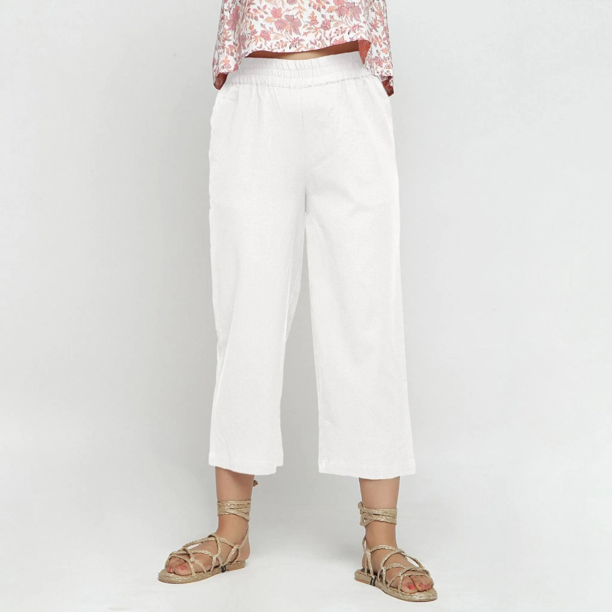White Cotton Flax Elasticated Midi-Rise Culottes