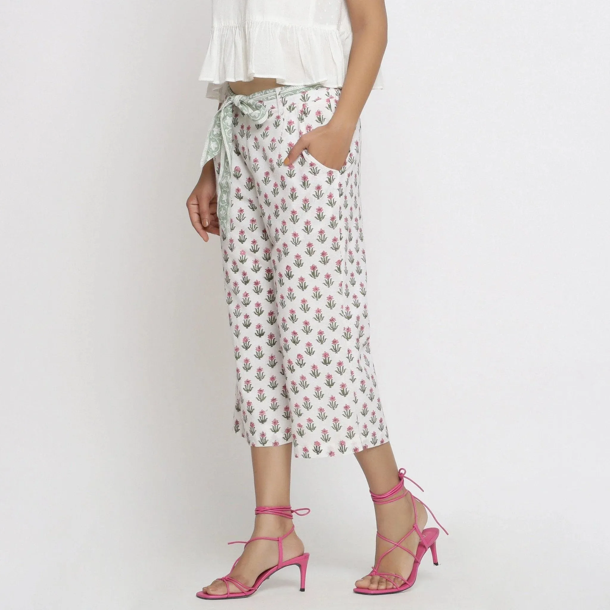 White Floral Block Printed Cotton Culottes