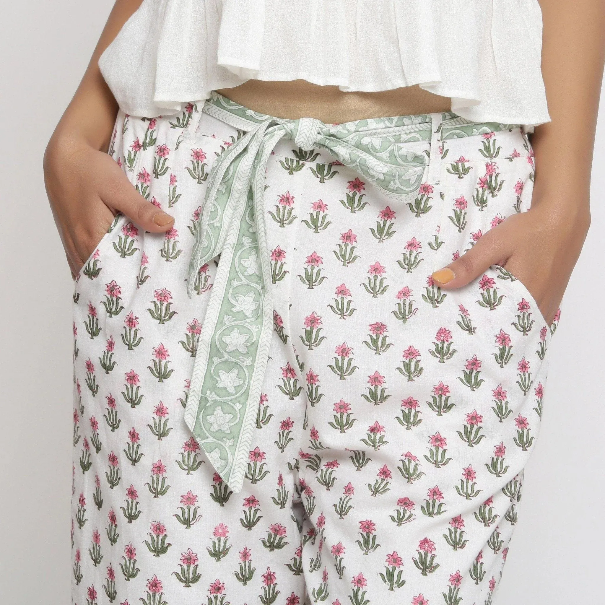 White Floral Block Printed Cotton Culottes