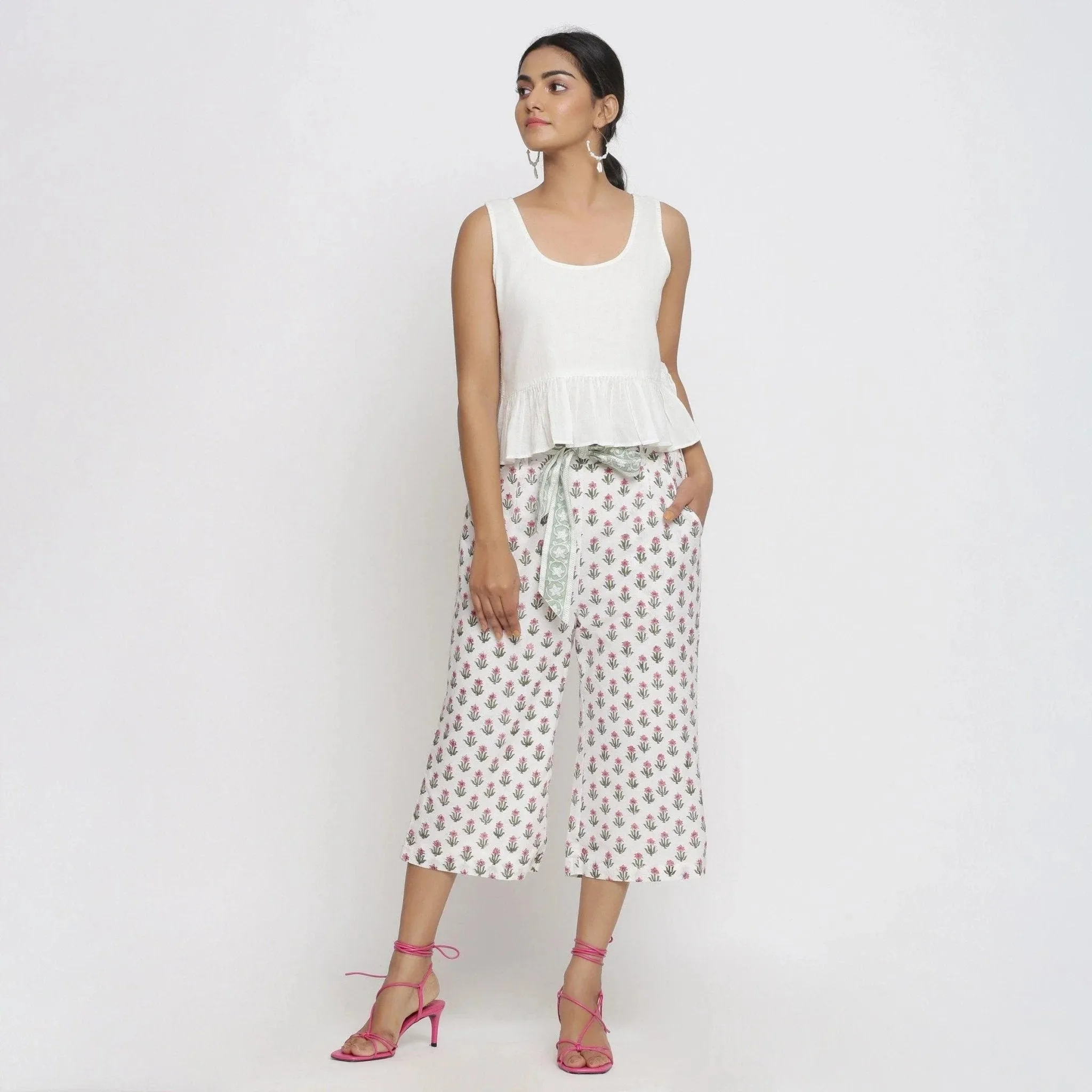 White Floral Block Printed Cotton Culottes