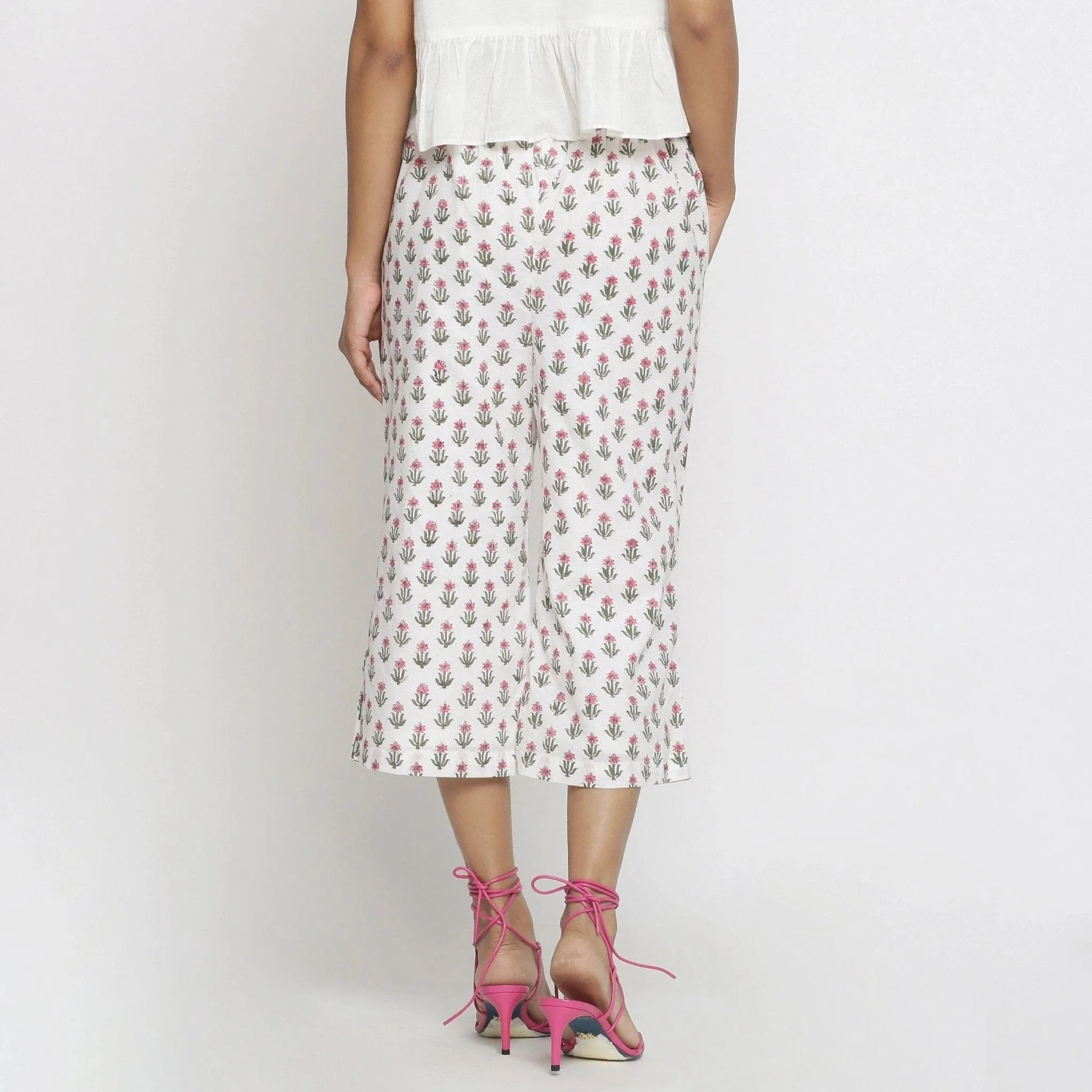 White Floral Block Printed Cotton Culottes