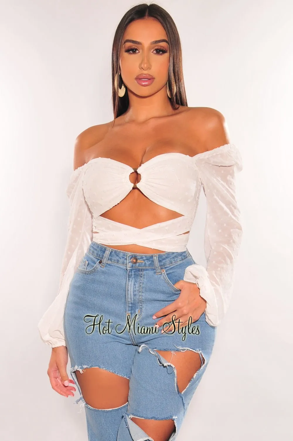 White O-Ring Cut Out Long Sleeve Wrap Around Crop Top