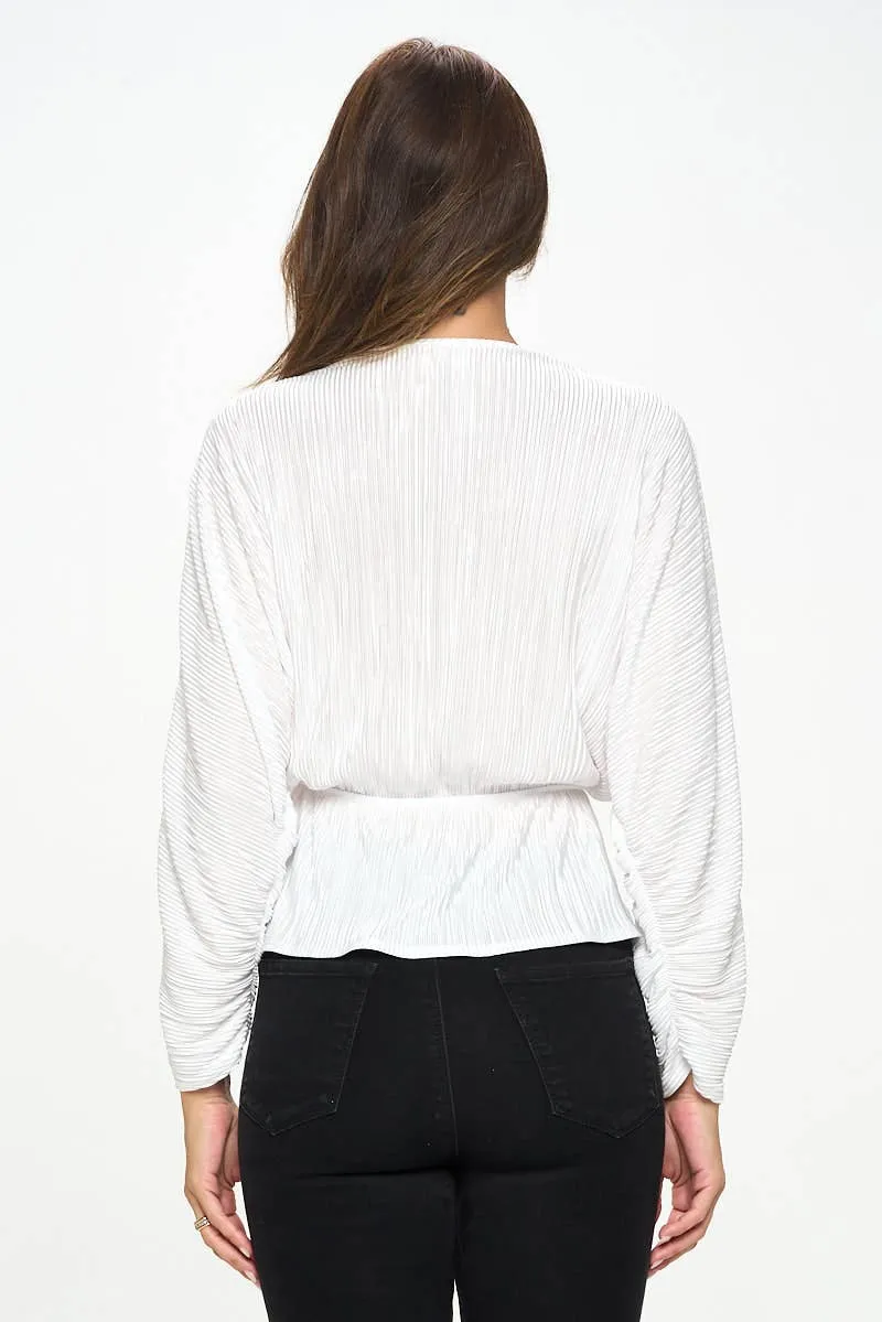 White V neck Top with Balloon Dolman Sleeve