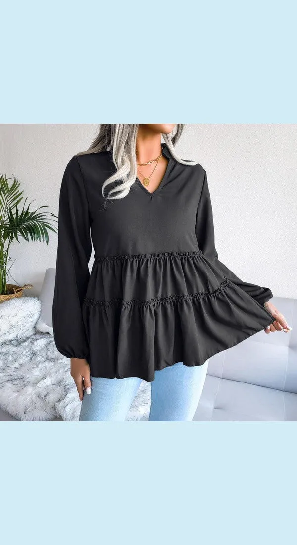 Women's Frill Trim Balloon Sleeve Baby doll Top