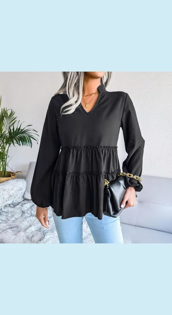 Women's Frill Trim Balloon Sleeve Baby doll Top