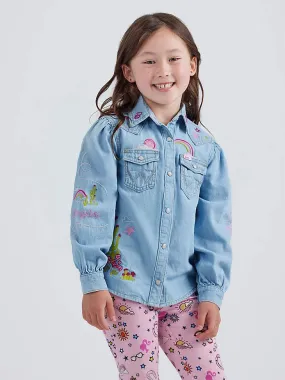 Wrangler x Barbie: Girl's Balloon Sleeve Embroidered Blouse in Ken Blue