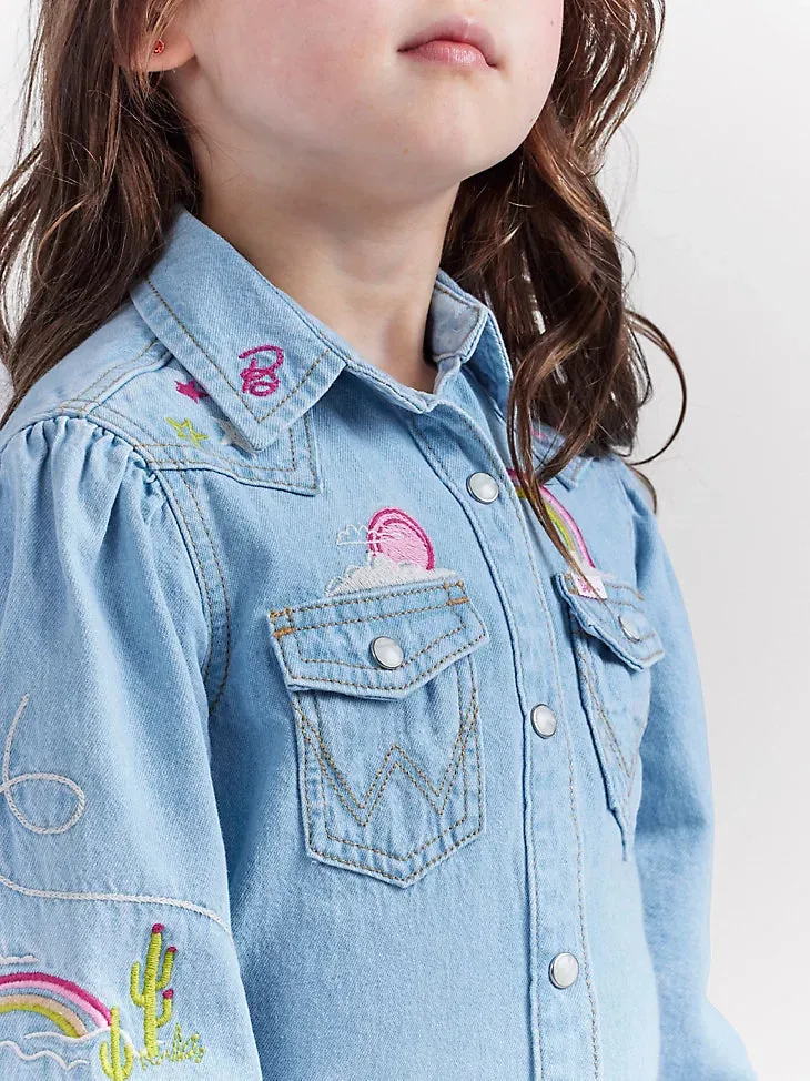 Wrangler x Barbie: Girl's Balloon Sleeve Embroidered Blouse in Ken Blue